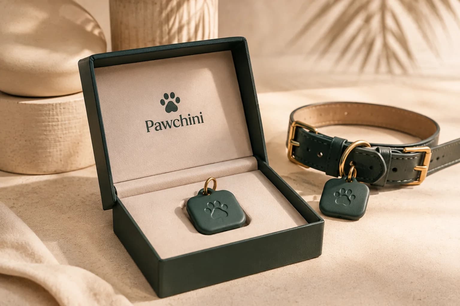 Pawchini presentation-box and collar concept in sage and cream