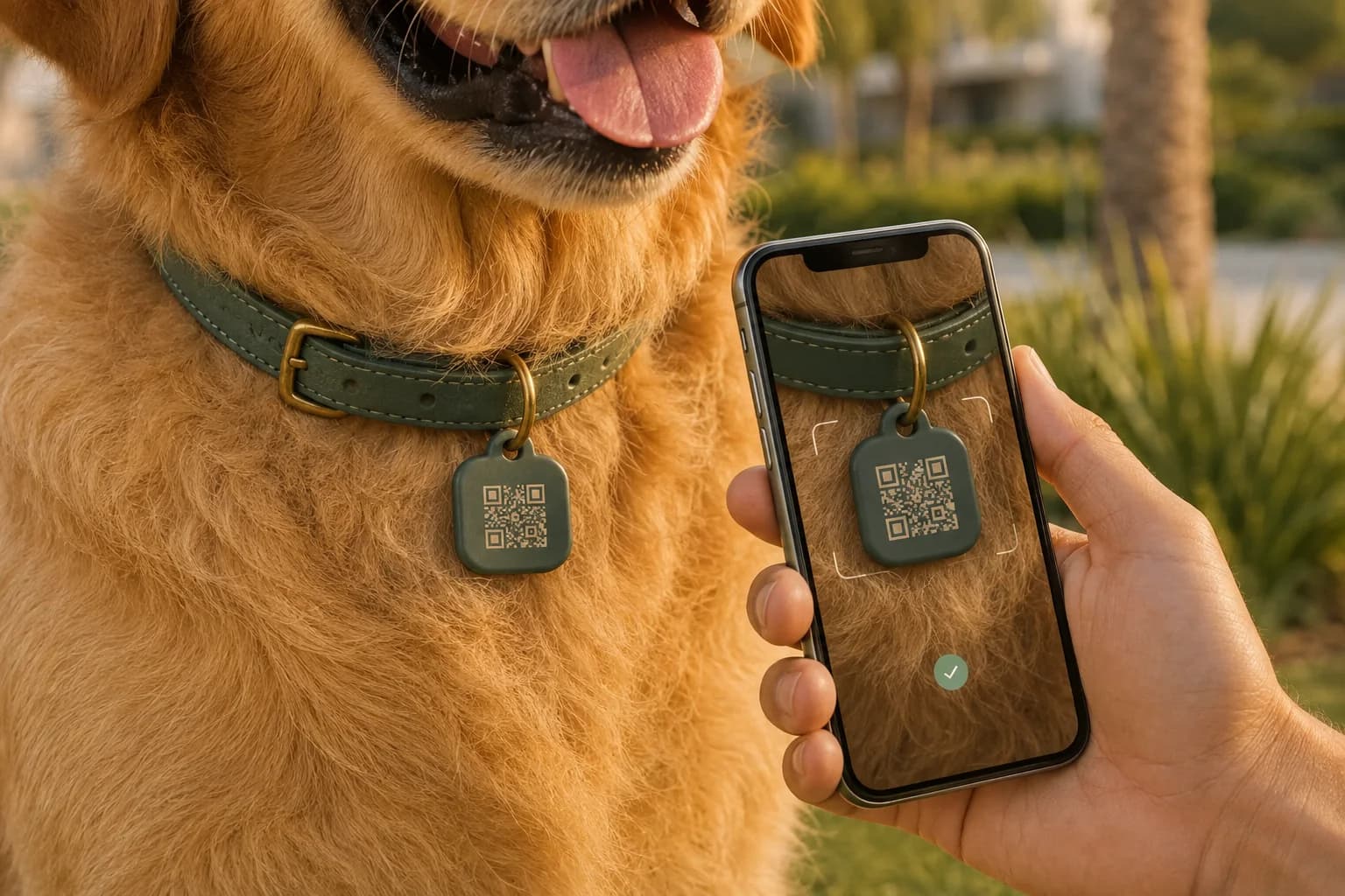 An ordinary phone scanning the QR while a dog wears the Pawchini tag on their collar