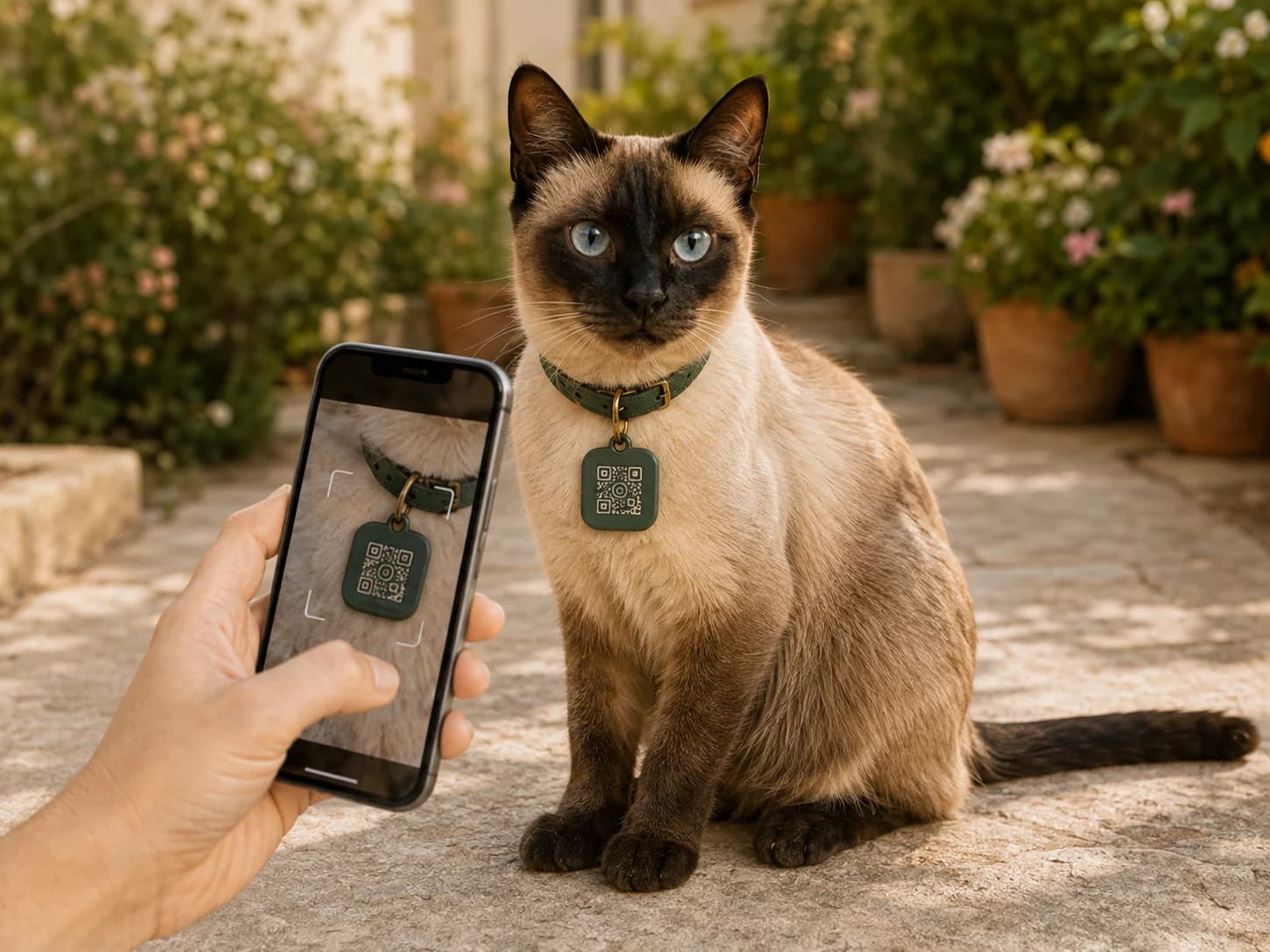 A Siamese cat having their Pawchini tag scanned outdoors