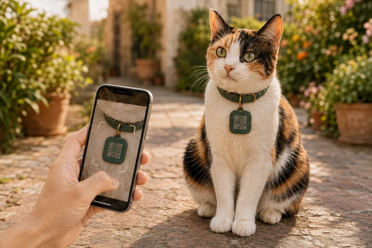 A phone camera scanning the Pawchini tag worn by a calm calico cat outdoors