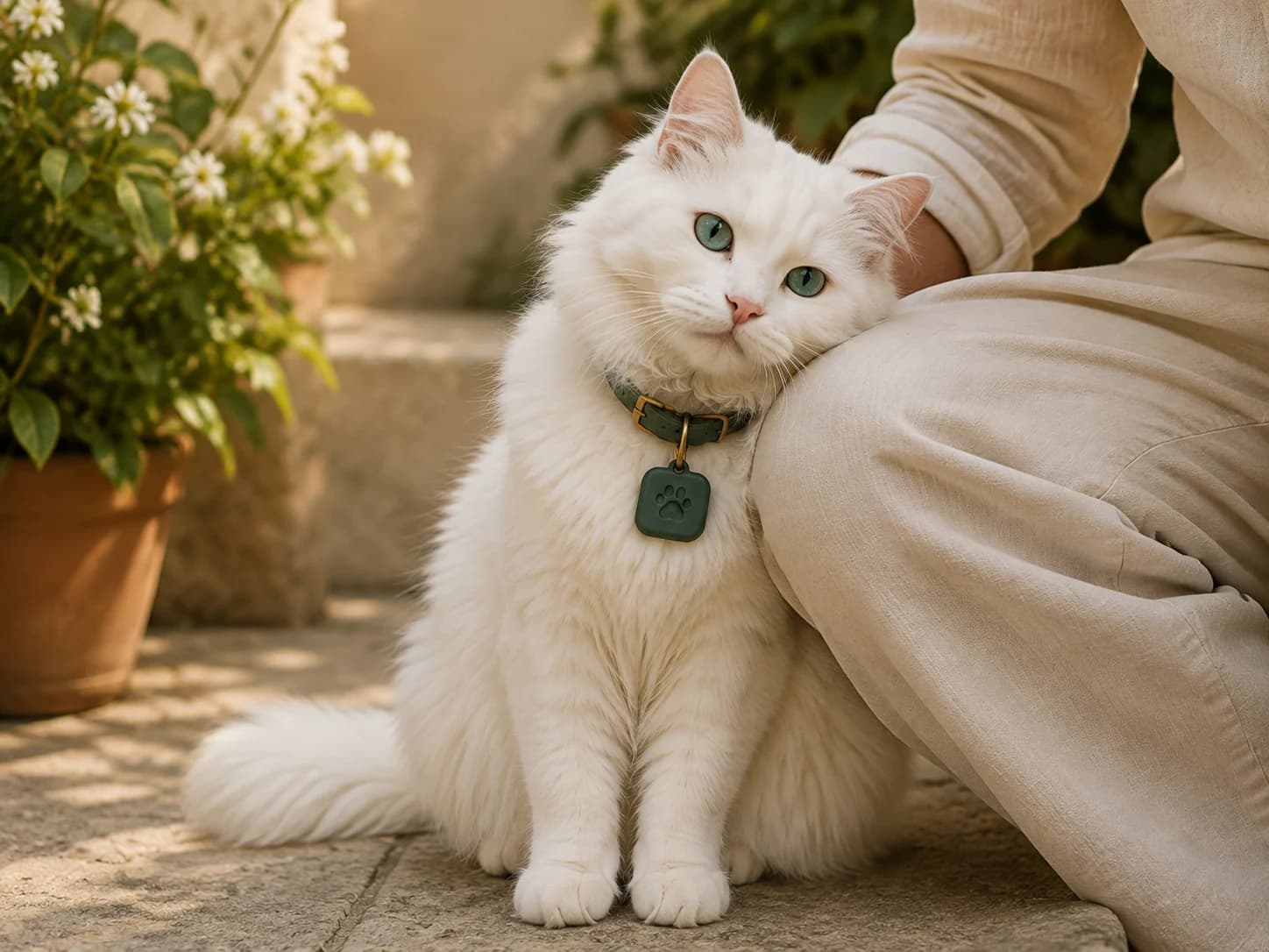 A white Angora cat leaning affectionately into their human while wearing a Pawchini collar and tag
