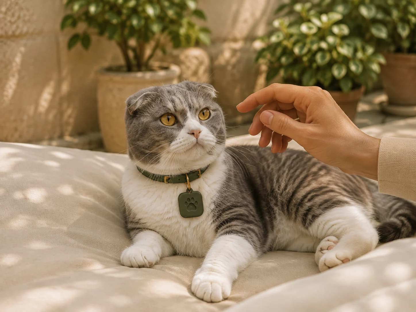 A Scottish Fold cat greeting a familiar hand while wearing a sage Pawchini collar and tag
