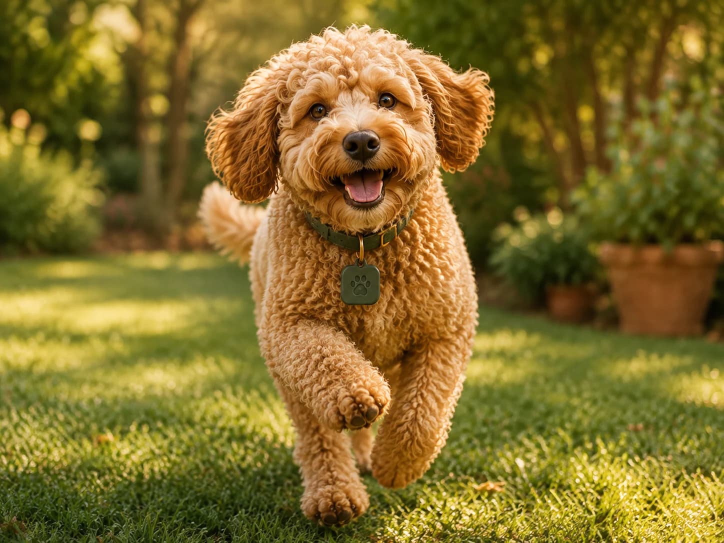 A playful apricot cockapoo running in their Pawchini collar and tag