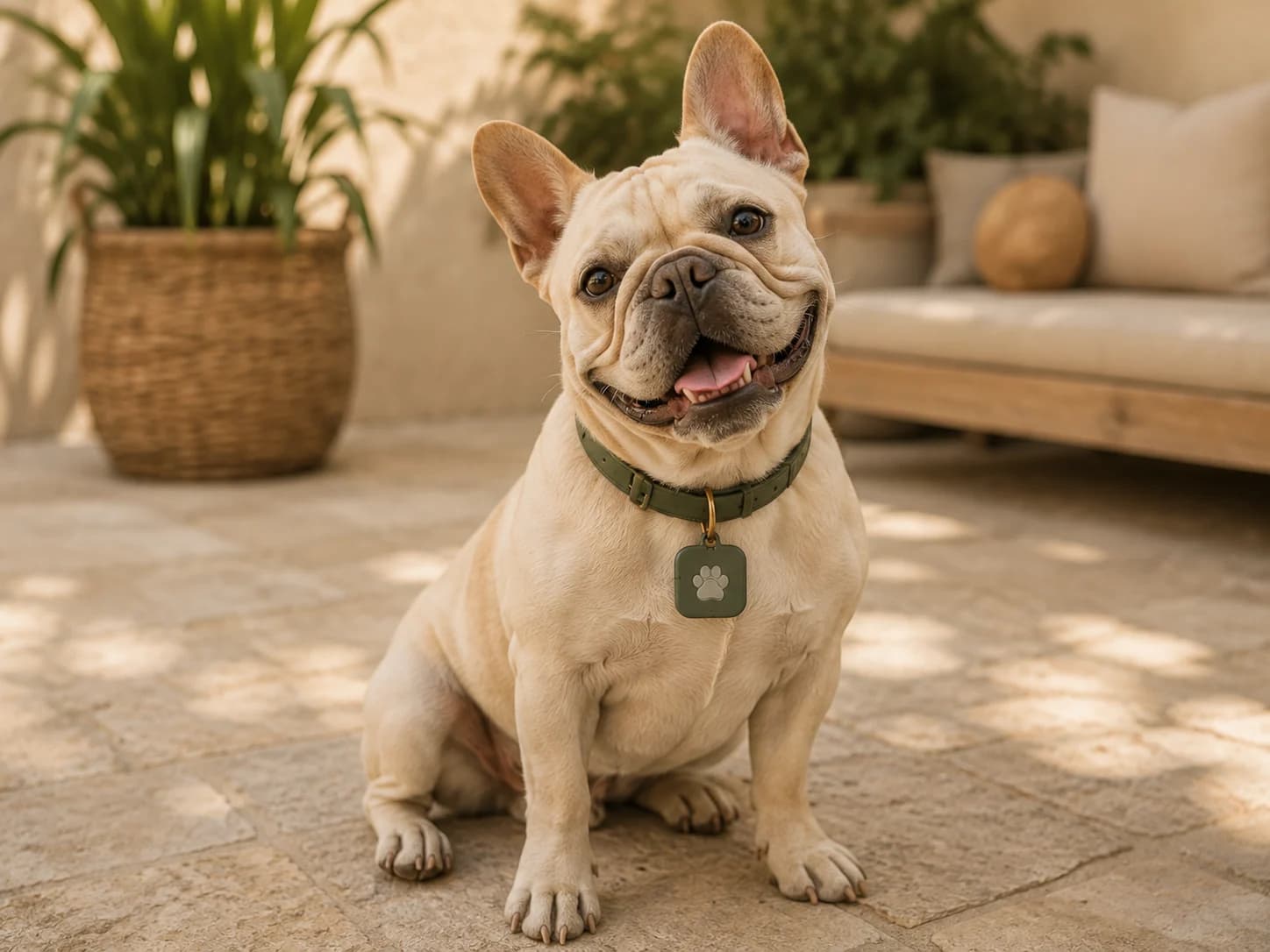 A cream French bulldog wearing a sage Pawchini collar and tag