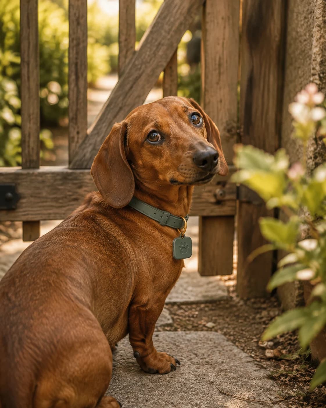 A red dachshund pausing at a low garden gate with a mischievous expression and Pawchini tag visible
