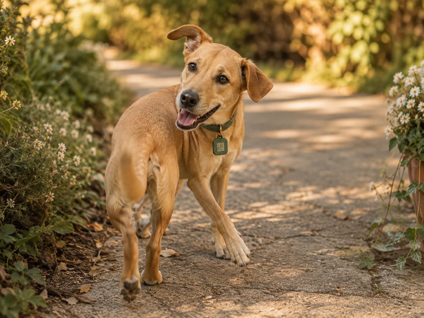 A caramel mixed-breed dog looking playfully back during a walk in their Pawchini collar and tag