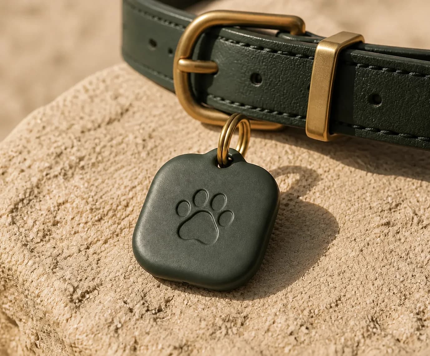 Single sage Pawchini tag concept beside its matching collar and brass hardware
