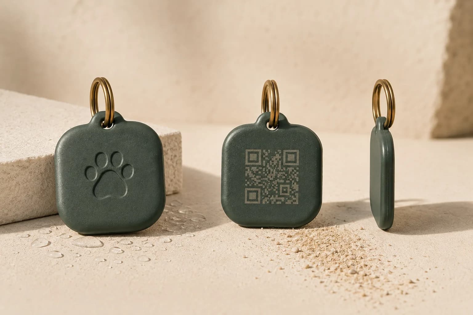 Pawchini tag design study showing the sage paw-marked front, QR reverse and slim side profile in a neutral studio